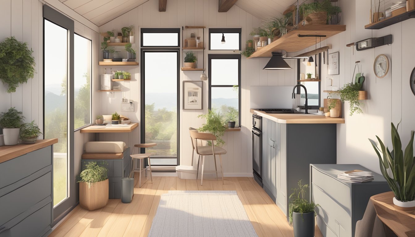 A cozy, clutter-free tiny house interior with minimalistic furniture, natural light, and a neutral color palette