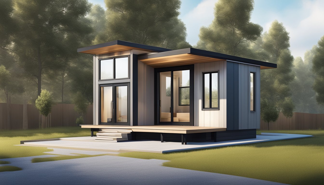 A modern tiny house with sleek lines, large windows, and a minimalist design. The exterior features a small porch and a sloped roof