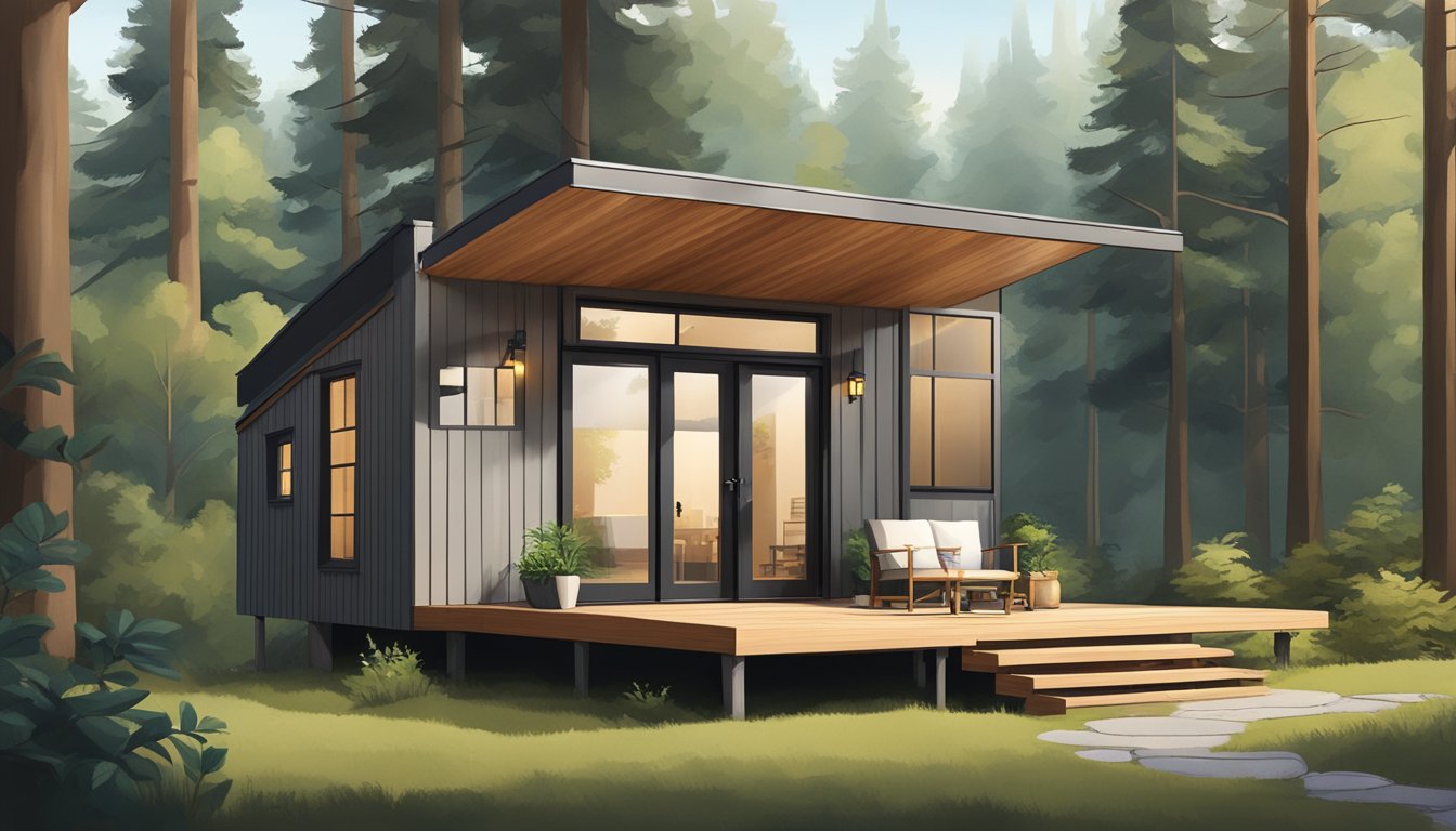 A cozy, minimalist tiny home nestled in a lush, wooded setting with large windows, a small porch, and a sloped roof