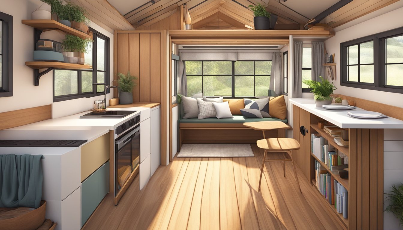 A cozy tiny house interior with a loft bed, compact kitchen, fold-out table, and large windows for natural light