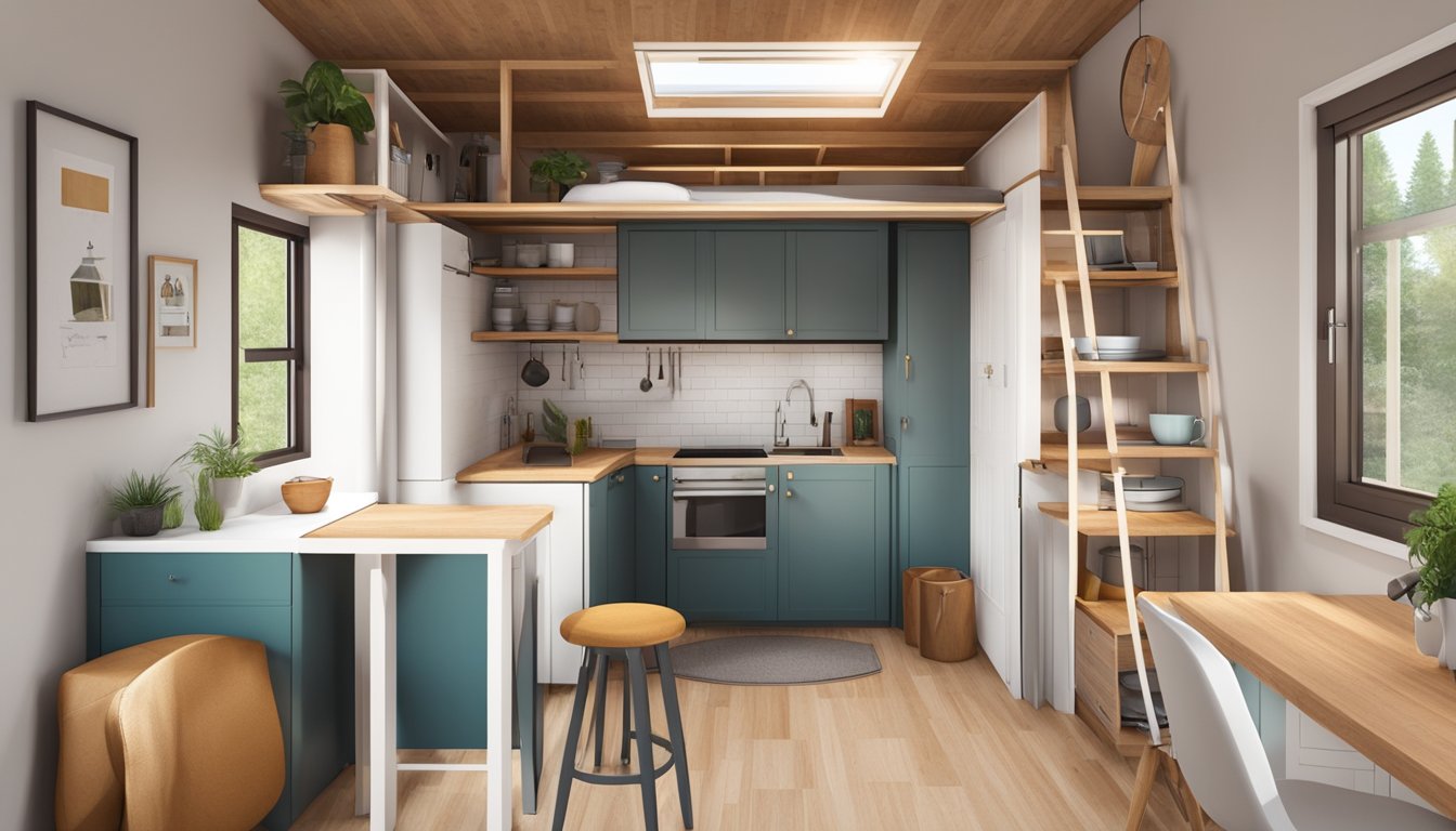 A cozy tiny house with efficient storage, multifunctional furniture, and a loft bed. A compact kitchen and living area maximize space