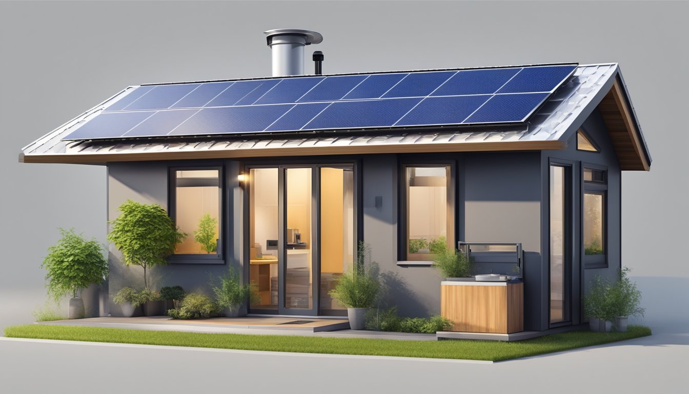 A modern tiny house with solar panels, a rainwater collection system, and energy-efficient appliances