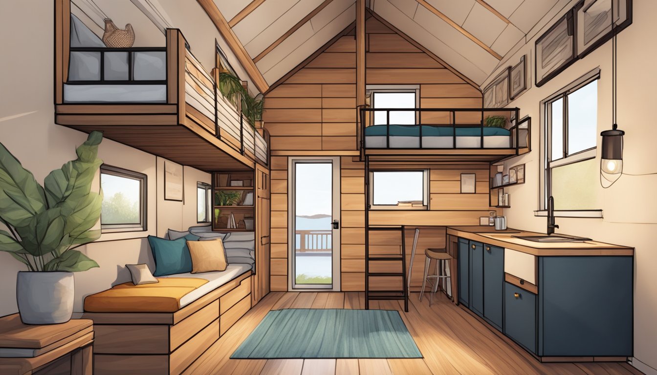 A cozy tiny house interior with minimalist decor, natural wood accents, and a lofted sleeping area