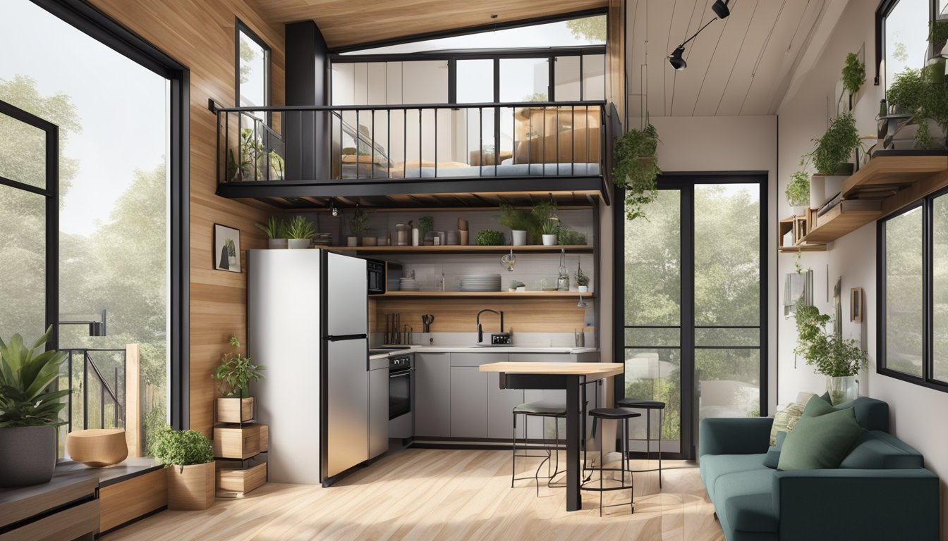 A modern tiny house with vertical storage solutions and elevated living areas