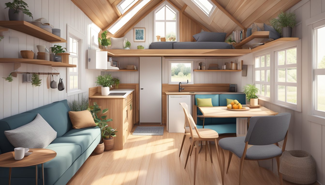 A cozy tiny house interior with multifunctional furniture, light colors, and plenty of natural light