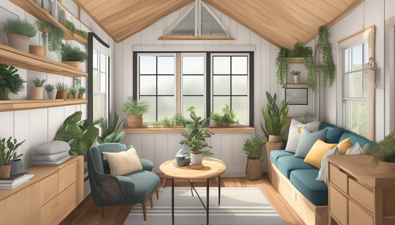 The simple tiny house interior is adorned with decorative accents and finishing touches, such as patterned throw pillows, potted plants, and framed artwork