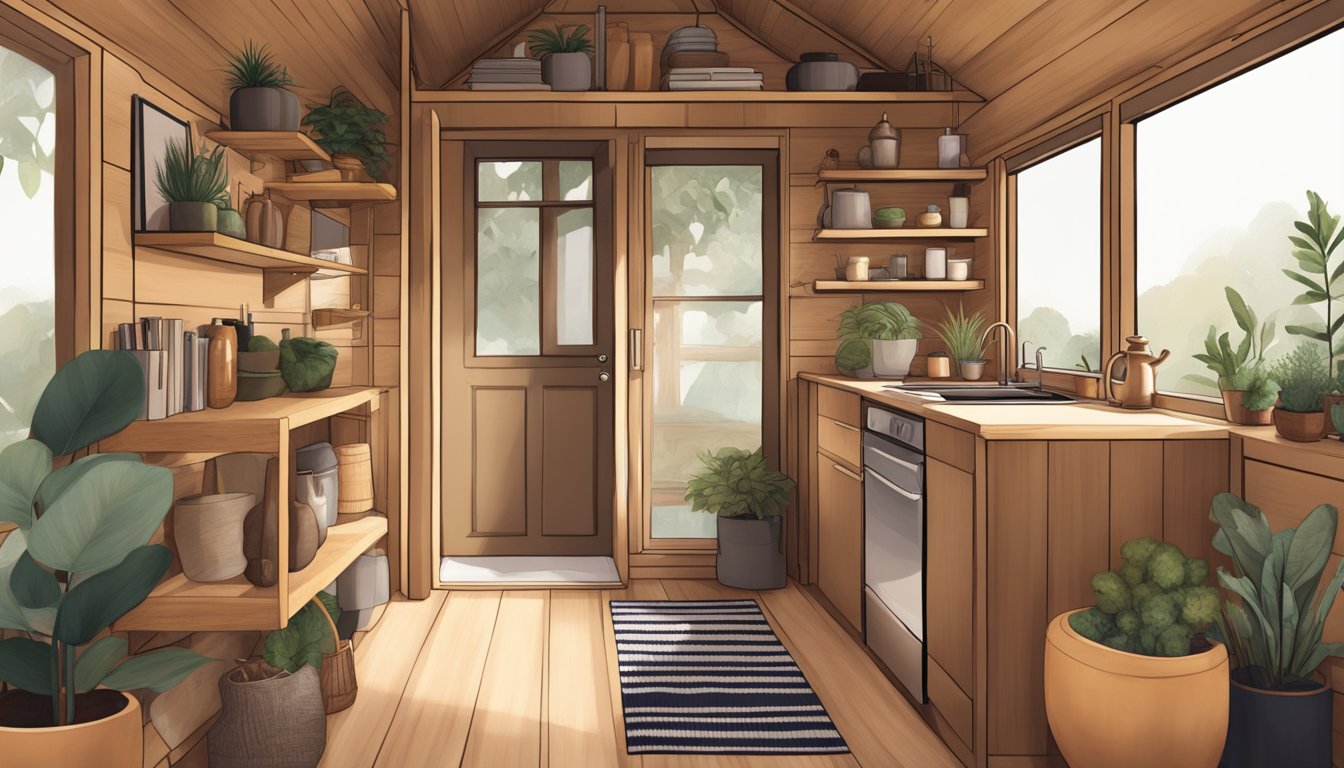 A cozy tiny house interior with cultural influences, featuring earthy tones, natural materials, and minimalist decor