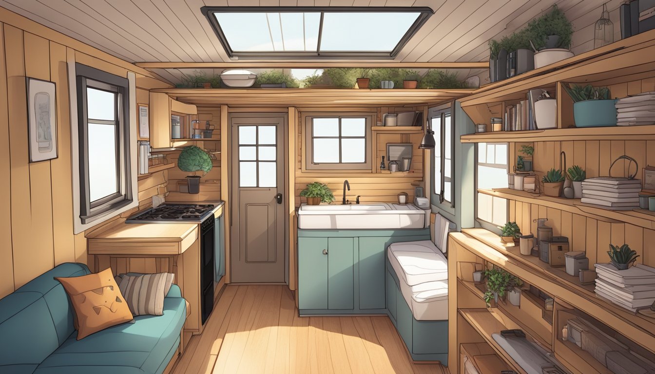 A cozy, cluttered tiny house interior with flexible furniture and storage solutions, showing signs of adaptation and personalization over time