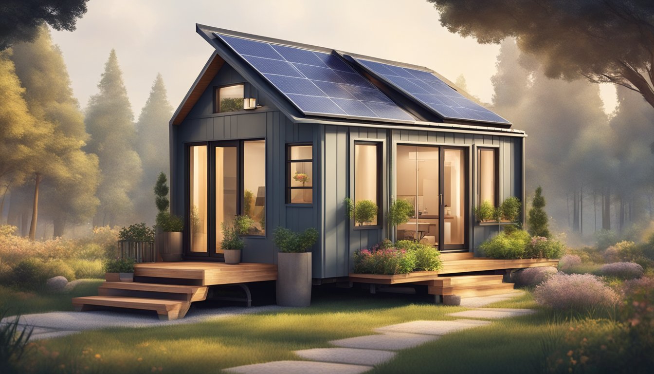 A portable tiny house nestled in a serene natural setting, surrounded by trees and a small garden, with a cozy interior and solar panels on the roof