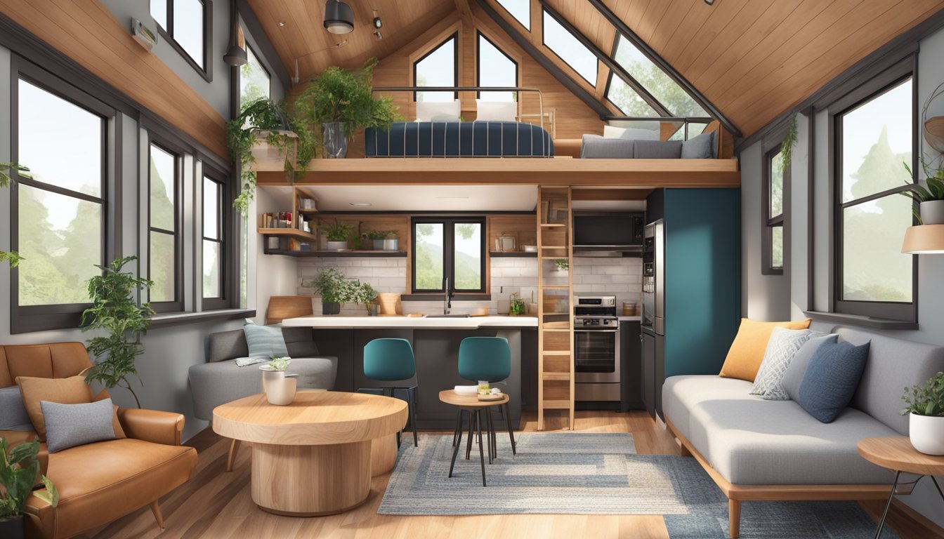 A cozy, open-concept tiny house with a loft bedroom, modern kitchen, and stylish living area