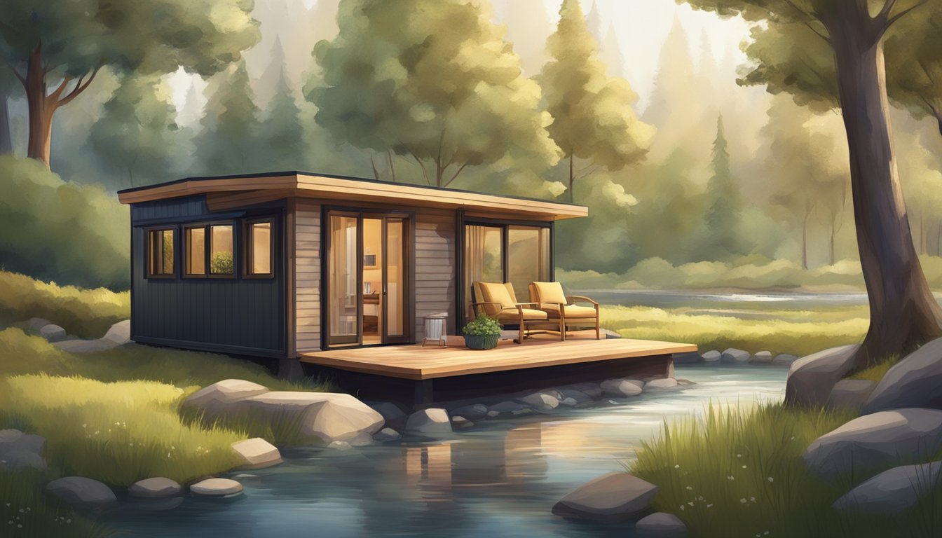 A portable tiny house nestled in a serene natural setting, surrounded by trees and a small stream, with a cozy outdoor seating area