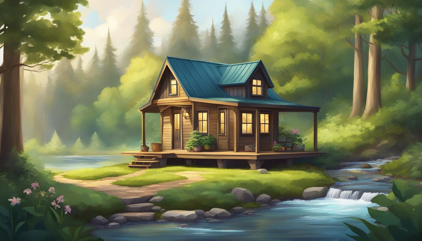 A small, charming tiny house nestled in a lush forest clearing, surrounded by towering trees and a tranquil stream