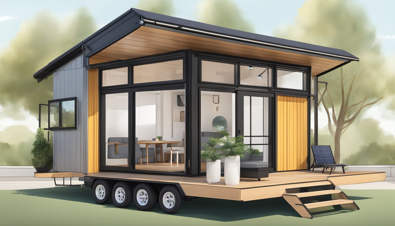 A tiny house on wheels, with customizable features like solar panels, a fold-out porch, and a sleek modern design