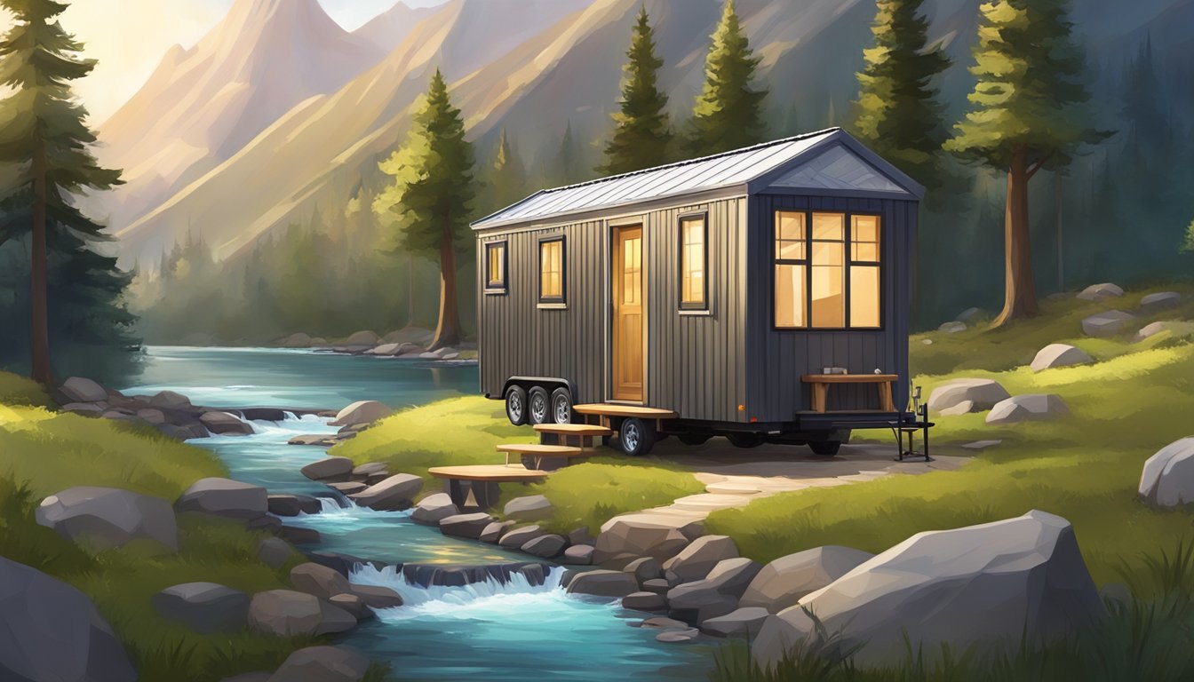 A portable tiny house parked in a serene natural setting, surrounded by trees and a small stream, with a mountain range in the background