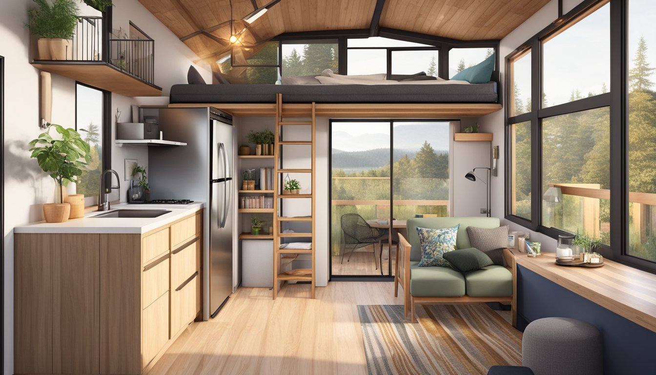 A spacious tiny house with a lofted bed, modern kitchen, and cozy living area. Large windows let in natural light, and a small outdoor deck offers extra space for relaxation