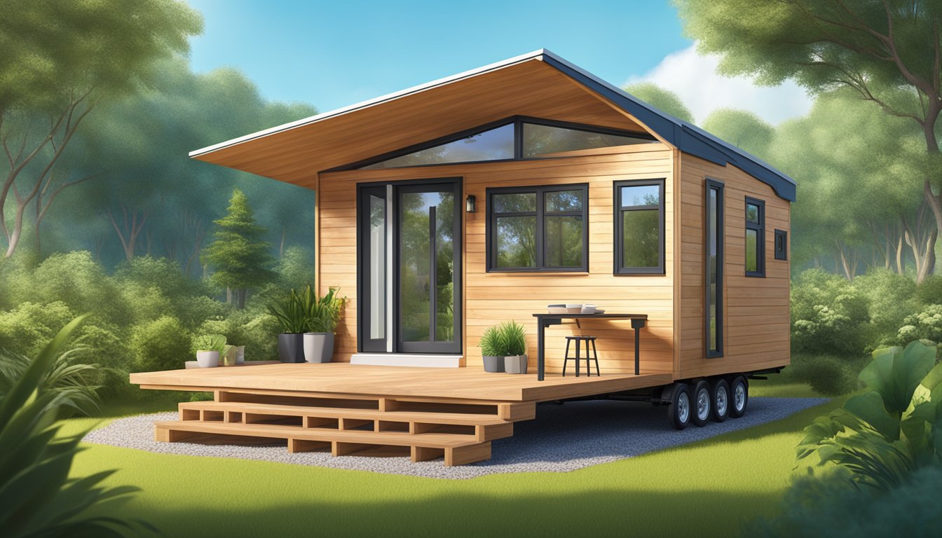 A portable tiny house nestled in a serene natural setting, surrounded by lush greenery and a clear blue sky