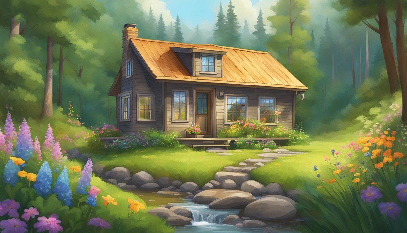 A cozy, cute tiny house nestled in a lush, green forest clearing, with a babbling brook nearby and colorful wildflowers in the foreground