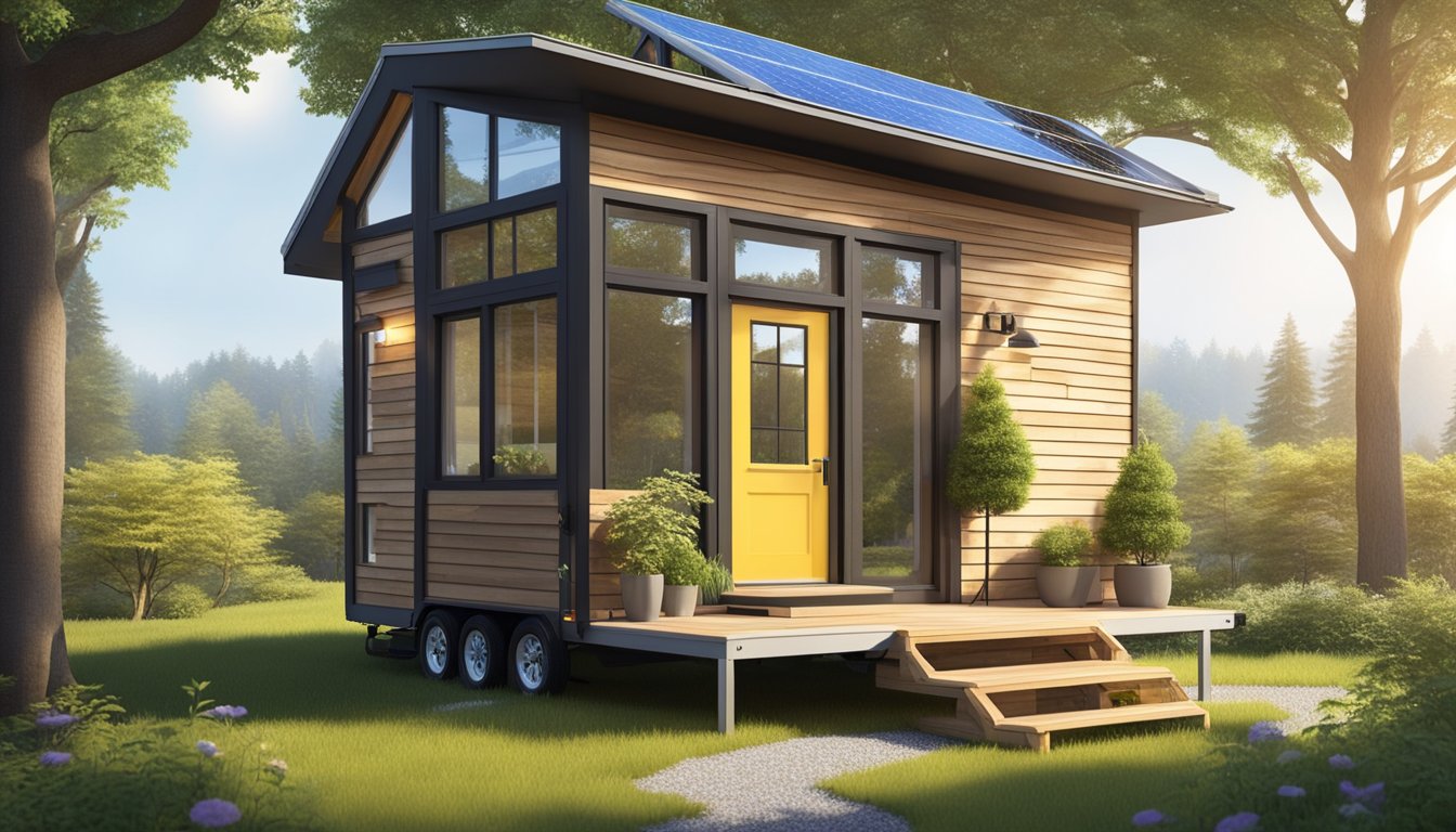 A portable tiny house parked in a serene natural setting, surrounded by trees and a small garden. The sun is shining, and the house is equipped with solar panels and a rainwater collection system