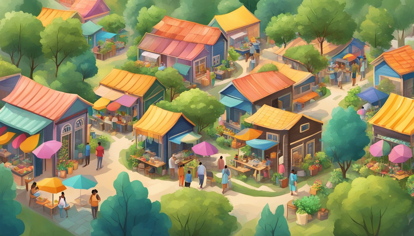 A cozy tiny home community surrounded by lush greenery, with a bustling market filled with colorful stalls and cheerful vendors