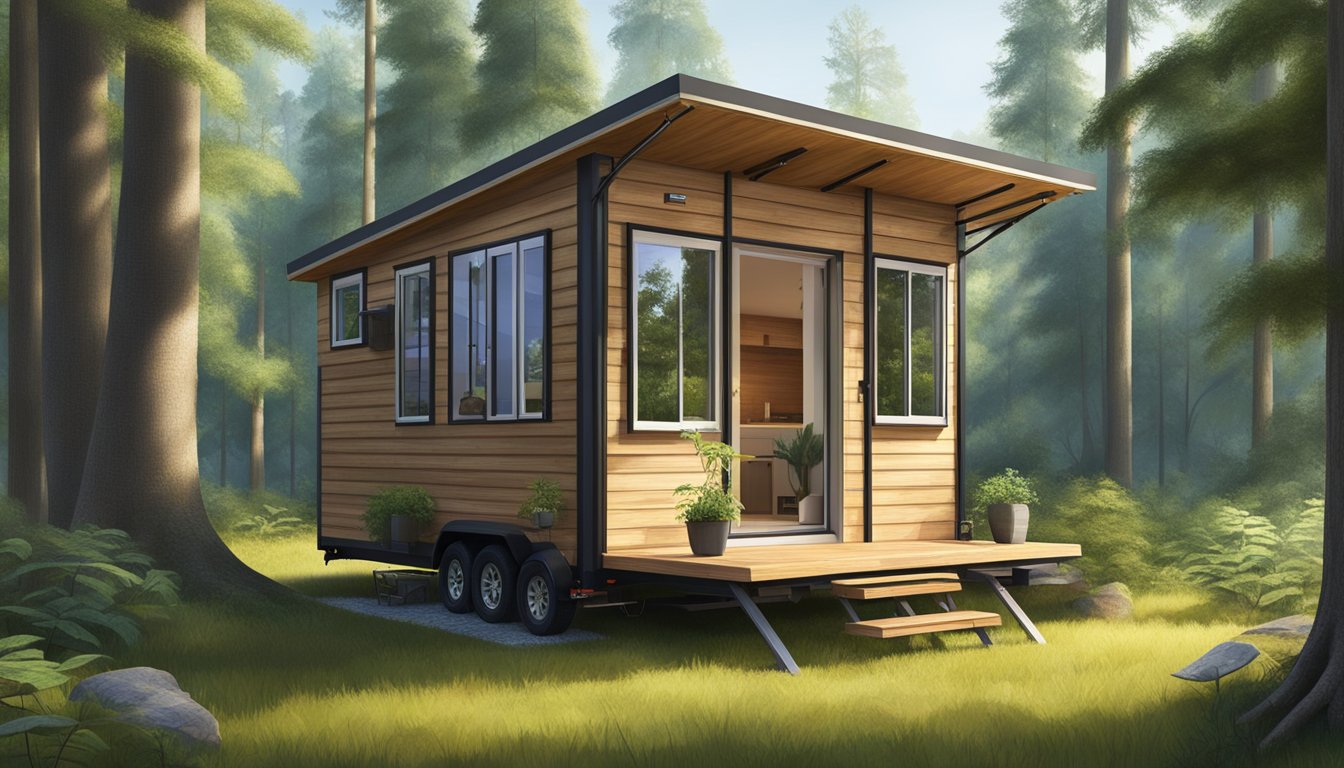 A portable tiny house parked in a lush, secluded forest clearing, with a small garden and solar panels on the roof