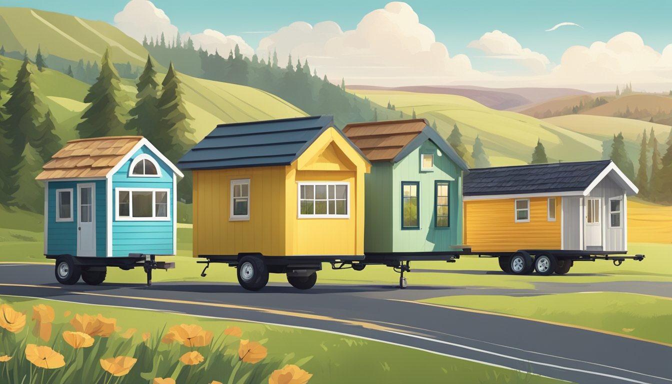 A convoy of tiny houses on wheels, each with a unique design, rolling through a picturesque countryside