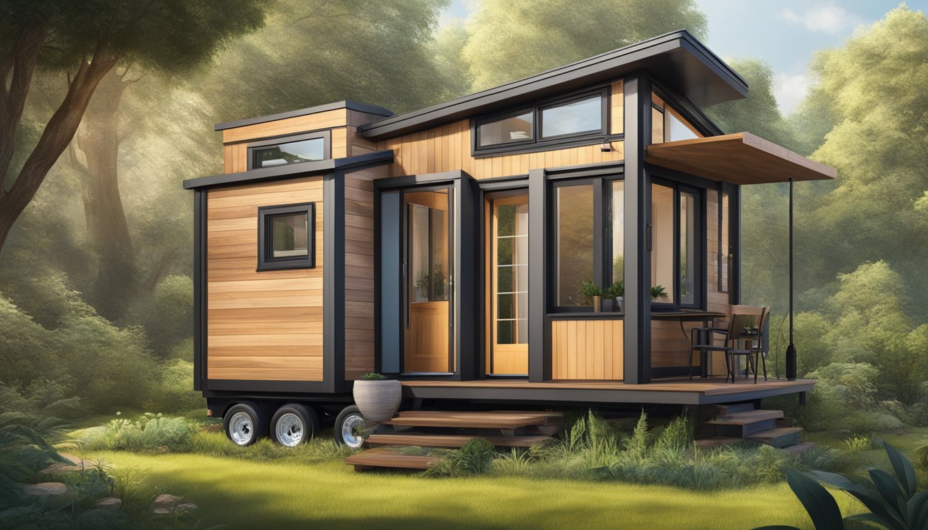 A tiny house on wheels with a unique design, surrounded by lush greenery and nestled in a tranquil natural setting