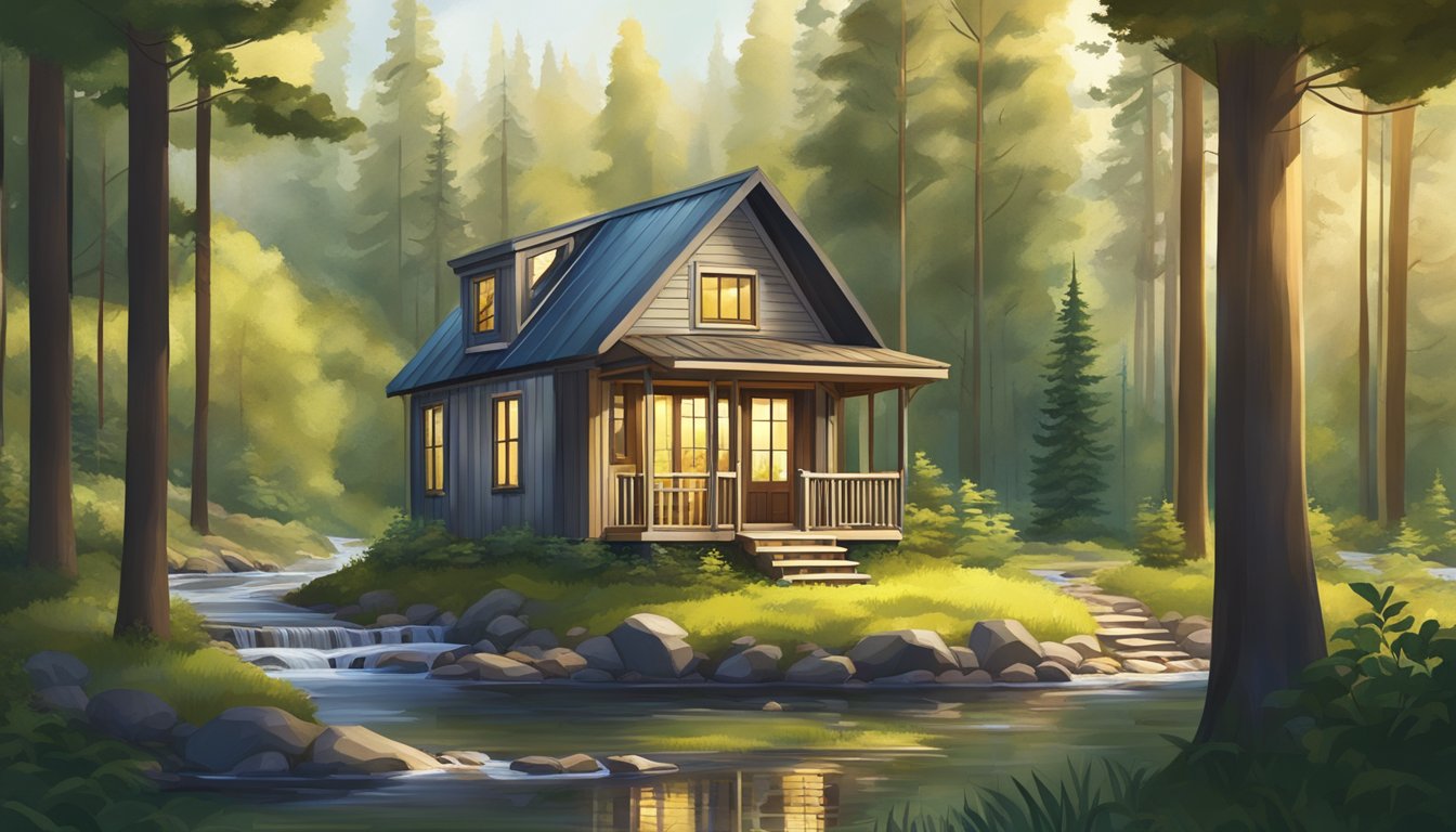 A tiny house nestled in a lush forest clearing, surrounded by tall trees and a winding stream. A cozy exterior with large windows and a small porch