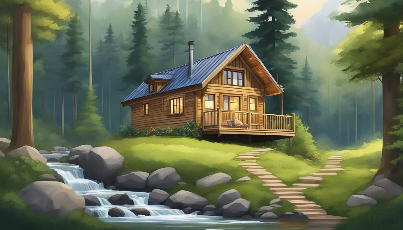 A cozy tiny house nestled in a lush forest clearing, surrounded by tall trees and a winding stream