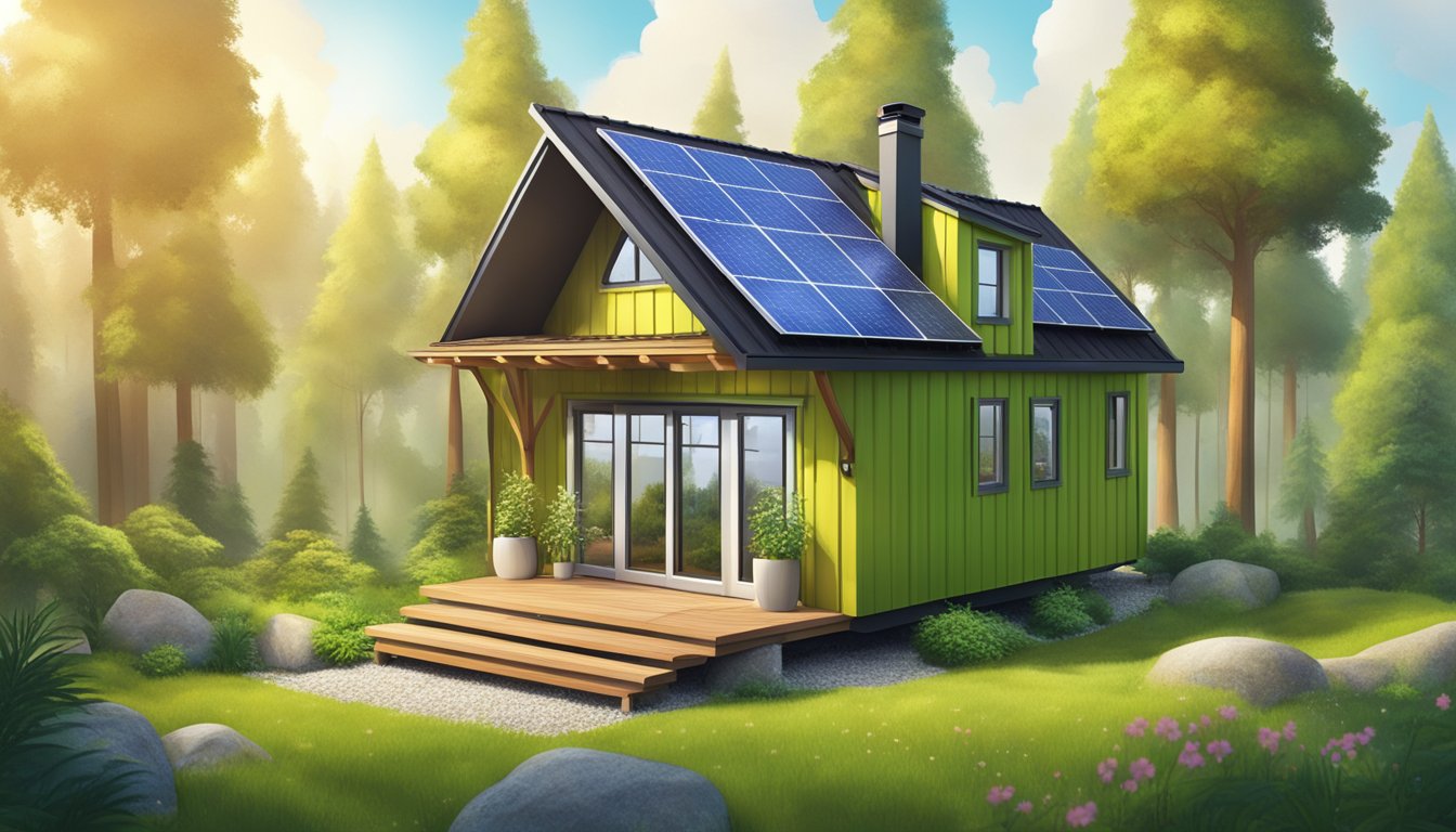 A tiny house nestled in a lush, green forest, with solar panels on the roof and a small garden outside