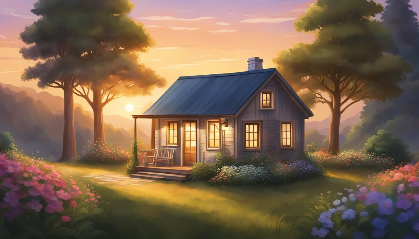 A cozy tiny home nestled in a picturesque countryside, surrounded by lush greenery and colorful wildflowers. The sun sets in the distance, casting a warm glow over the quaint dwelling