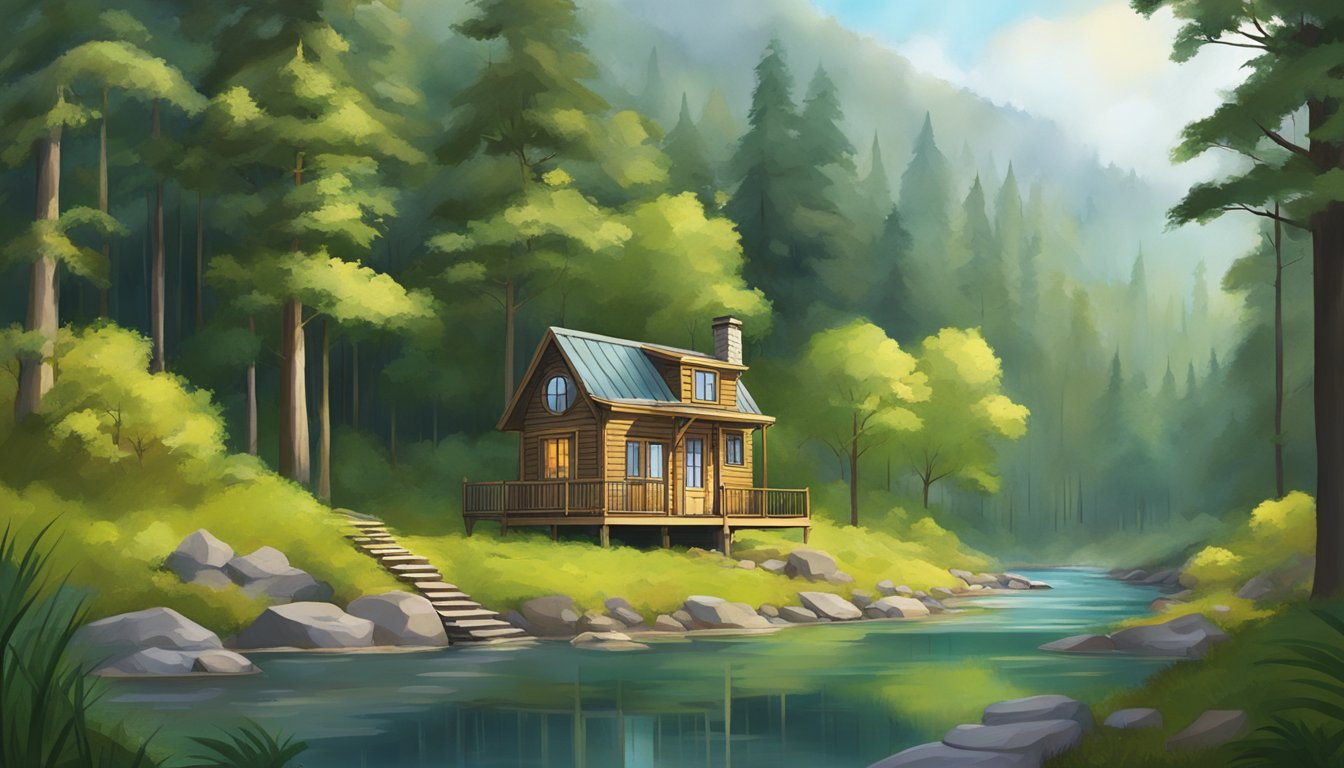 A tiny house nestled in a lush forest, surrounded by towering trees and a winding creek