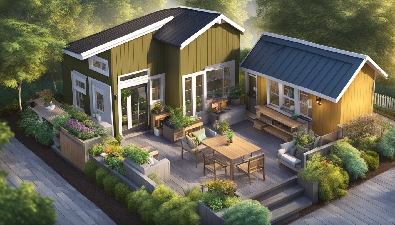 A bird's-eye view of a cozy tiny house with a loft, kitchen, and living area, surrounded by a small garden and outdoor seating area