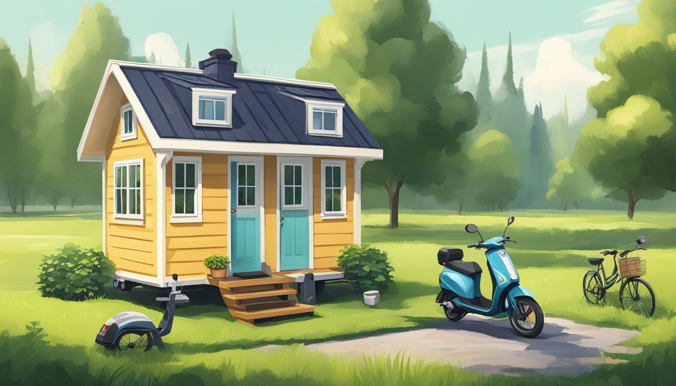 A tiny house on wheels parked in a lush, green meadow with a bicycle and electric scooter parked nearby