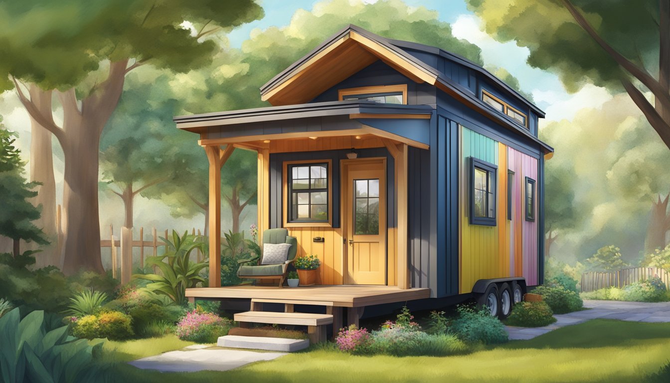 A cozy tiny house nestled in a vibrant community, surrounded by greenery and a sense of peaceful, sustainable living