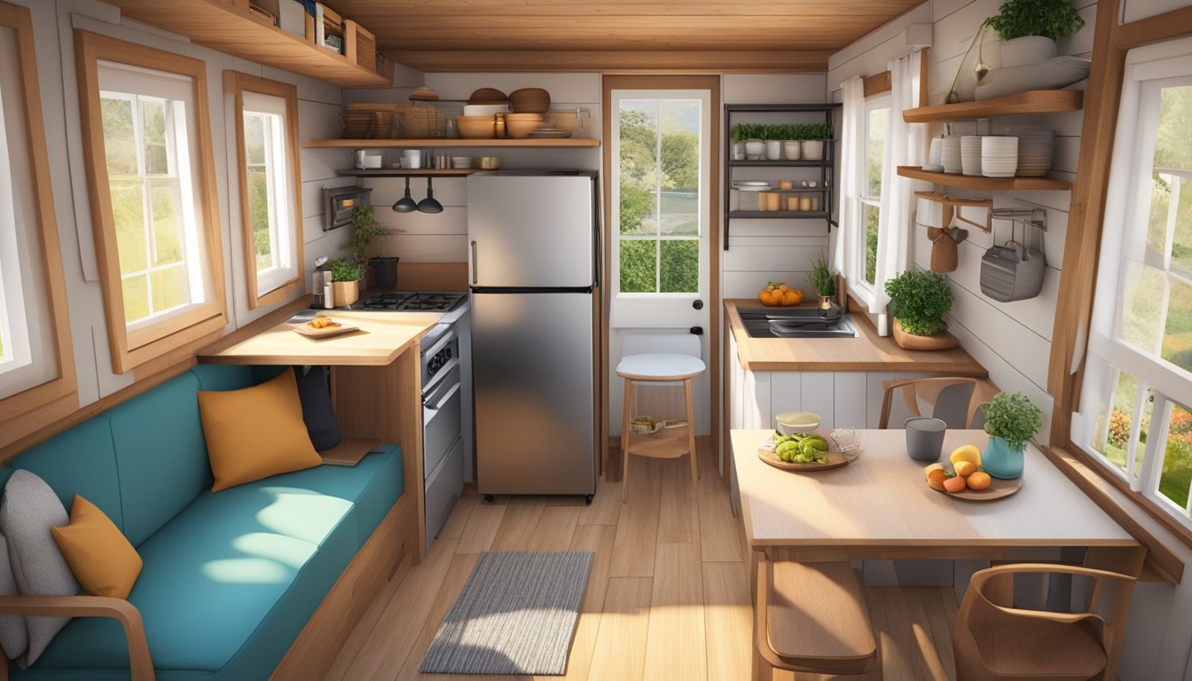 The cozy tiny house interior features a lofted bed, compact kitchen, and a small dining area with a fold-down table