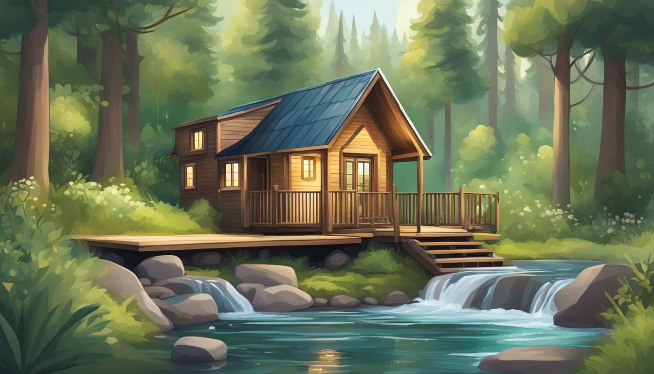 A cozy tiny house nestled in a lush, forested setting, surrounded by tall trees and a bubbling stream