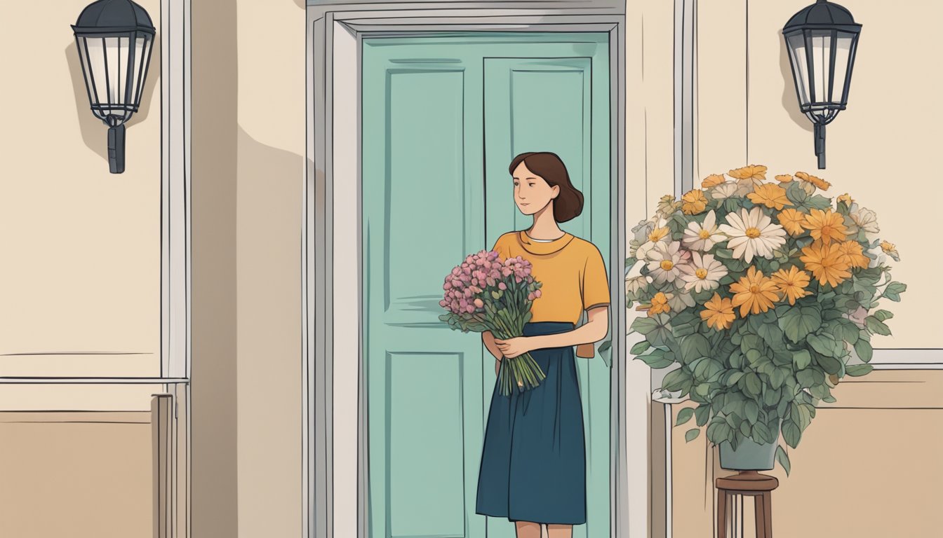 A person holding a bouquet of flowers and a handwritten letter standing outside a closed door, looking hopeful and determined