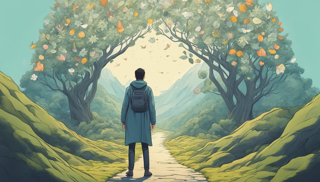 A person standing alone on a path, looking determined with their head held high, surrounded by symbols of growth and strength