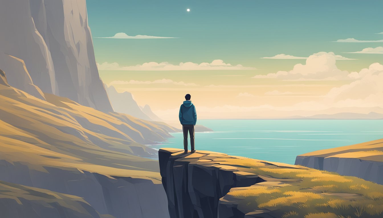 A person standing alone on a cliff, looking out at a vast, serene landscape with a sense of contemplation and introspection