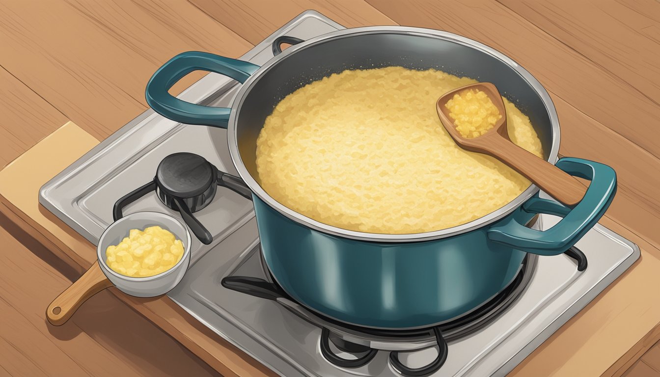 A pot of simmering grits on a stovetop, with a wooden spoon resting on the edge and a bowl of butter nearby