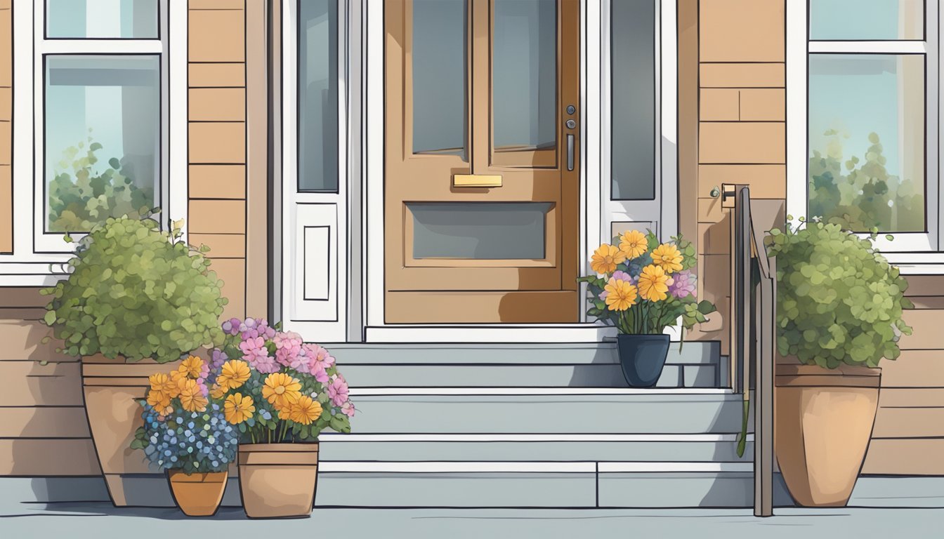 A person leaving a bouquet of flowers and a handwritten note on a doorstep