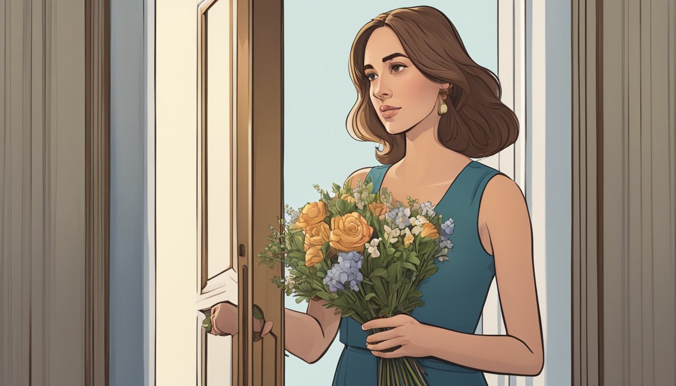 A woman standing in front of a closed door, looking determined and holding a bouquet of flowers