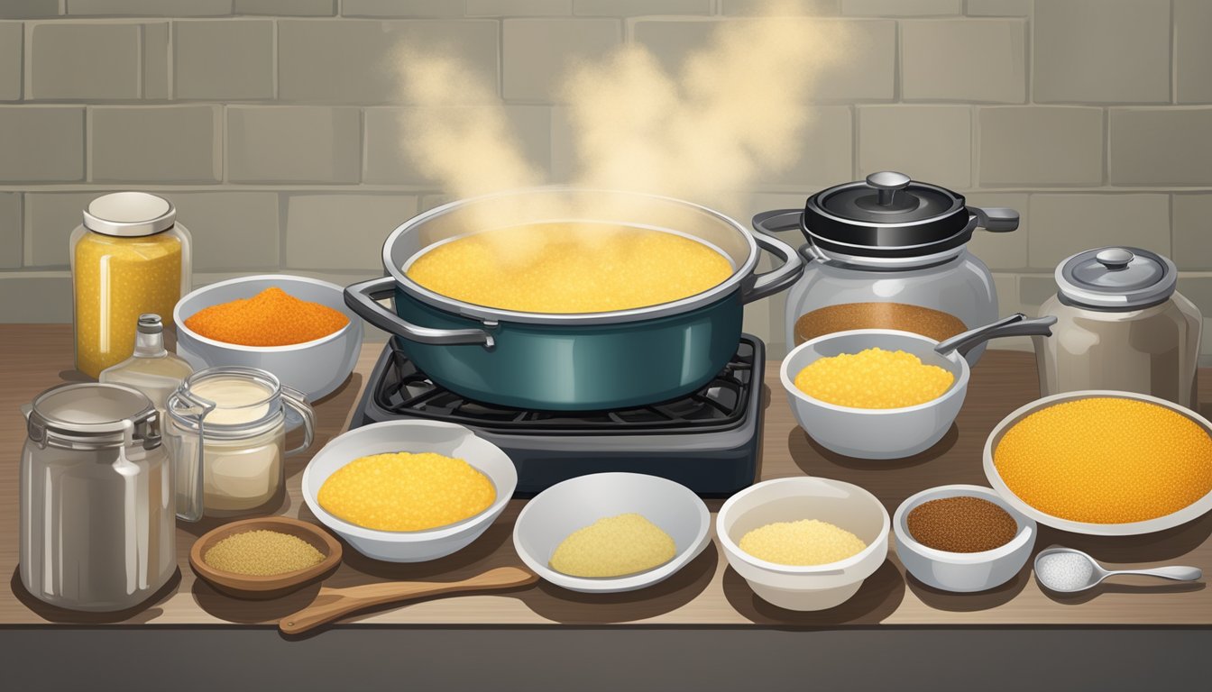 A pot of grits simmering on a stovetop, surrounded by containers of various seasonings and flavorings such as butter, salt, pepper, and hot sauce