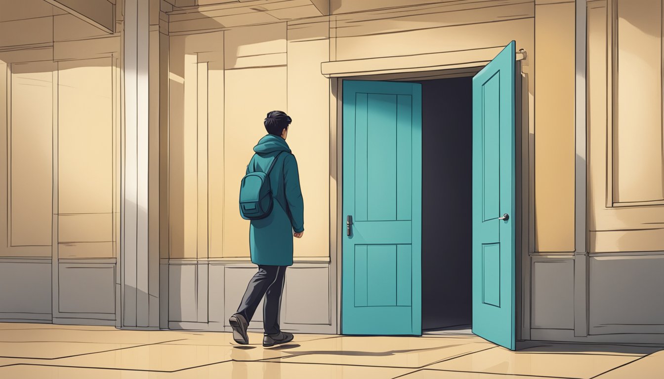 A person walking away from a closed door, looking back with a pensive expression