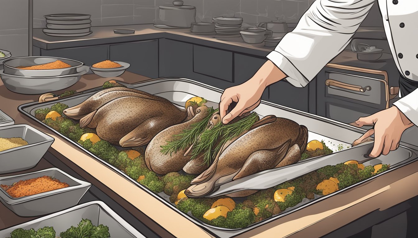 A chef seasoning a whole duck with herbs and spices before placing it in a roasting pan