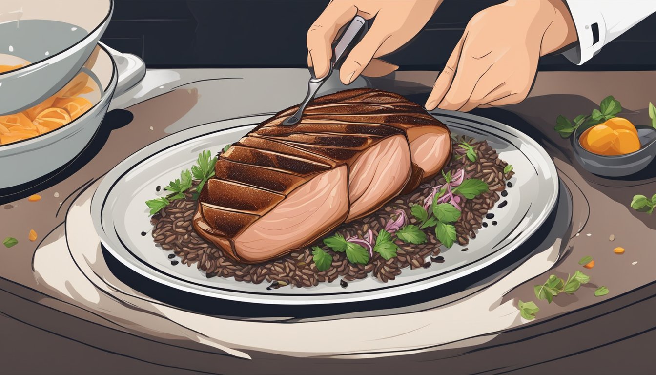 A chef placing a beautifully seared duck breast on a bed of wild rice and garnishing with fresh herbs and a drizzle of savory sauce