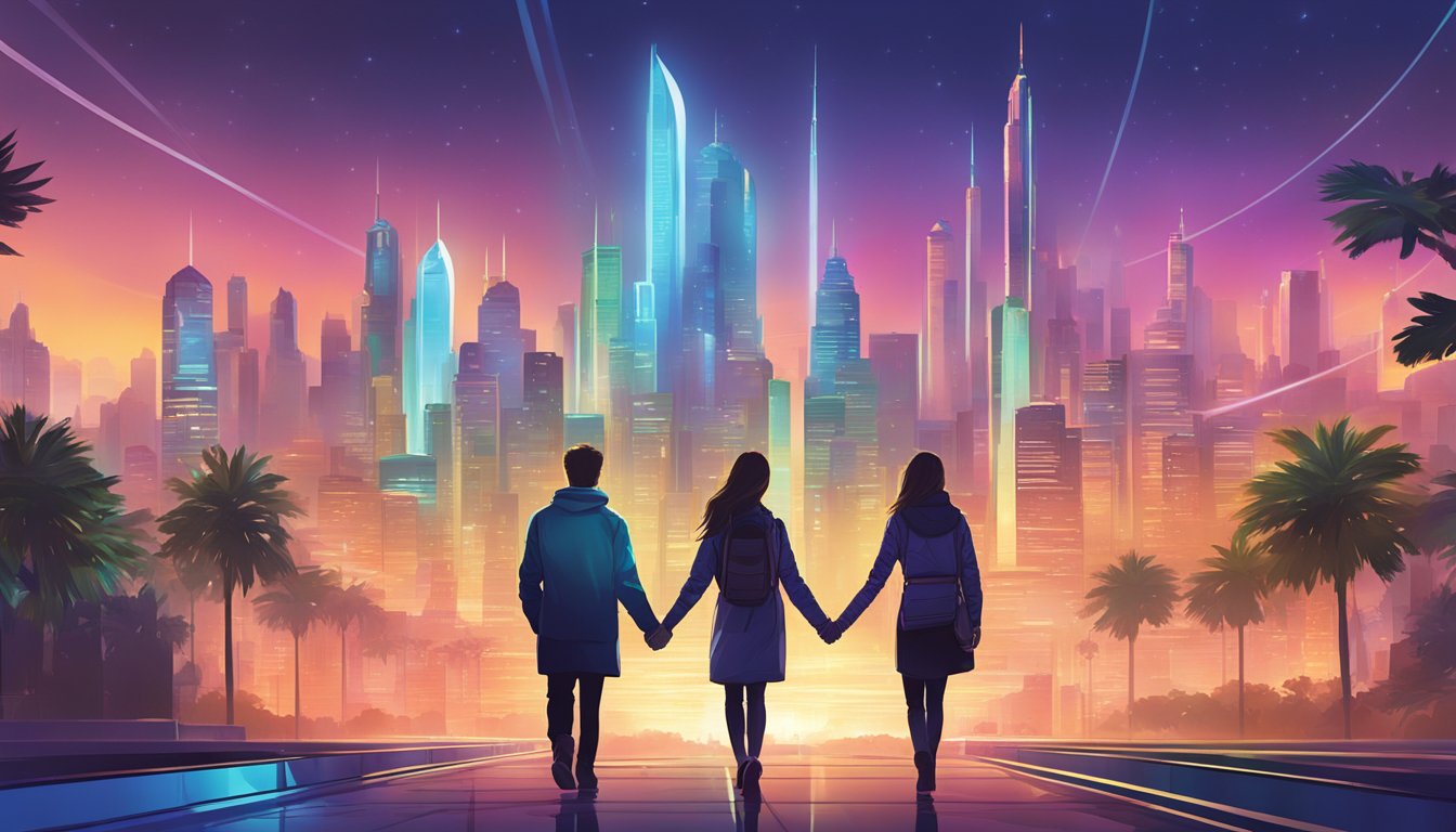 A couple holding hands, walking toward a bright, futuristic city skyline