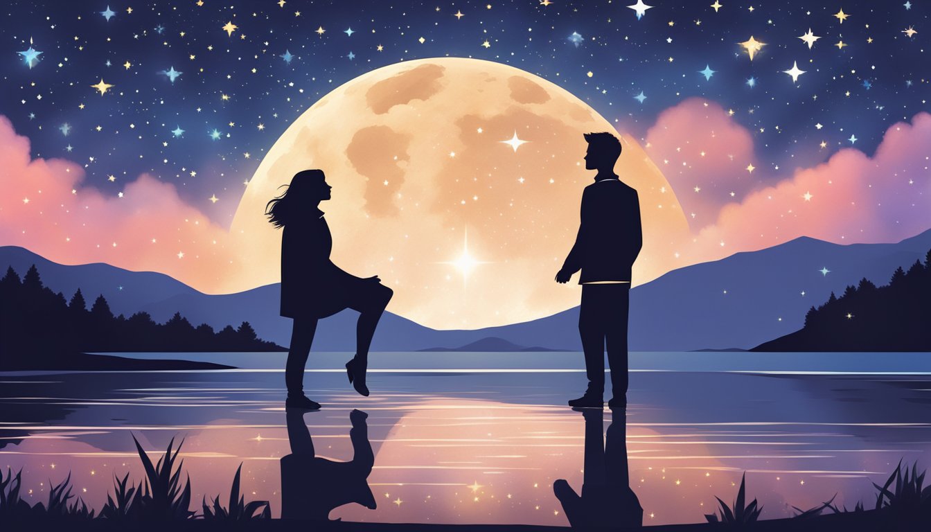 A couple's silhouette embracing under a starry night sky, with a shooting star in the background