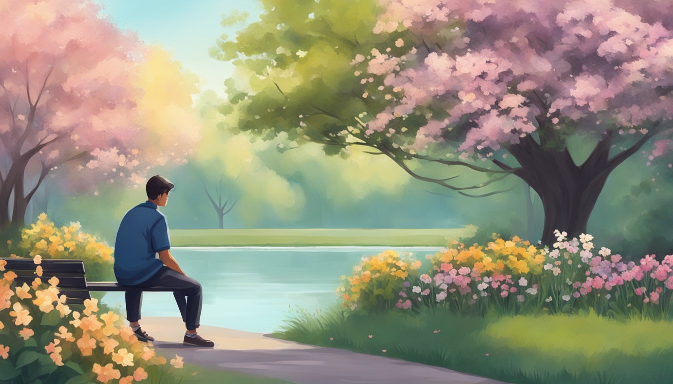 A person sitting alone on a park bench, surrounded by blooming flowers and a tranquil pond, deep in thought