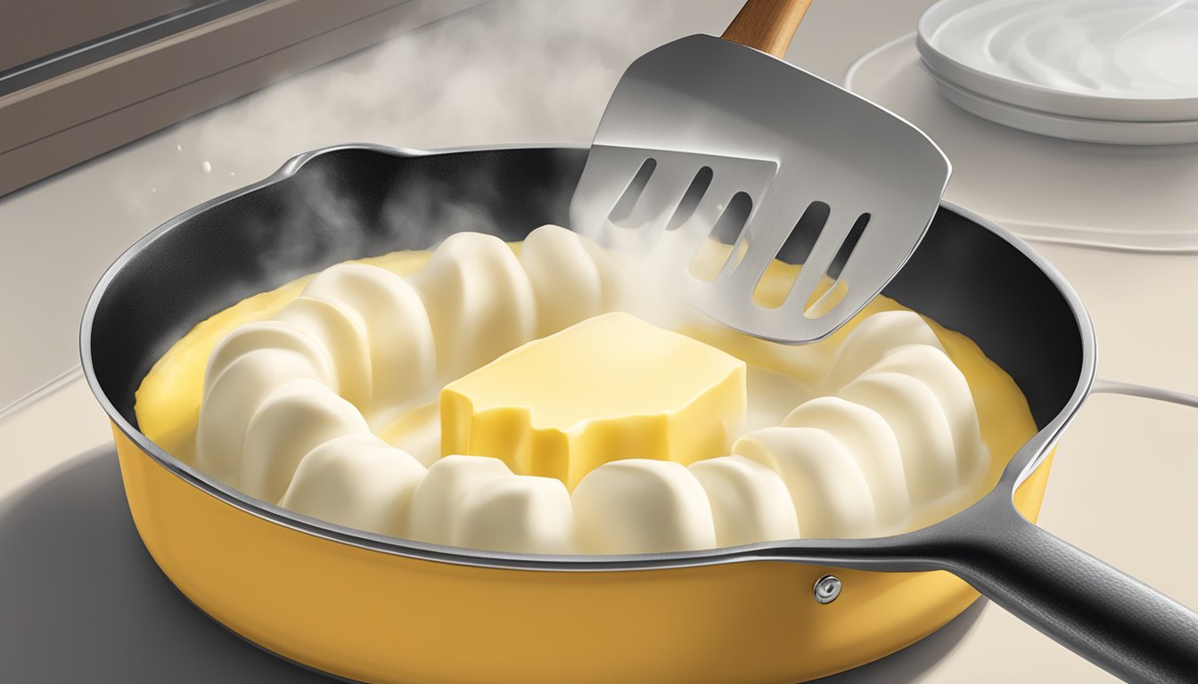 A stick of Land O'Lakes butter melting in a sizzling skillet, with steam rising and a spatula nearby